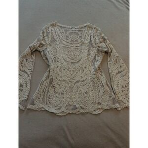 Soho Girls Sheer Embroidered Lace Top Ivory Boho Festival Long Sleeve Blouse OS